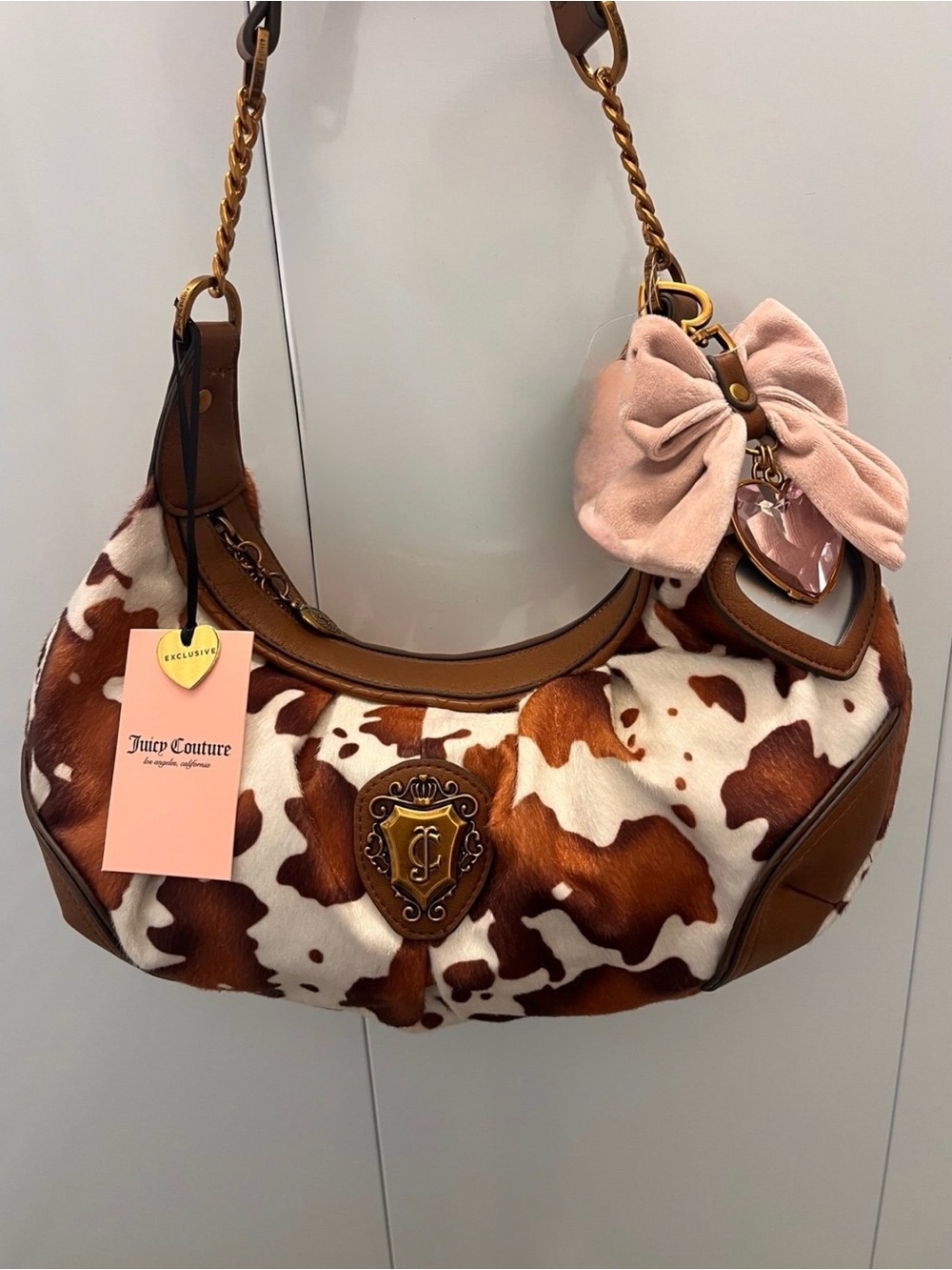 Juicy Couture Brown & White Cow Print Shoulder Bag with Pink Bow Charm
